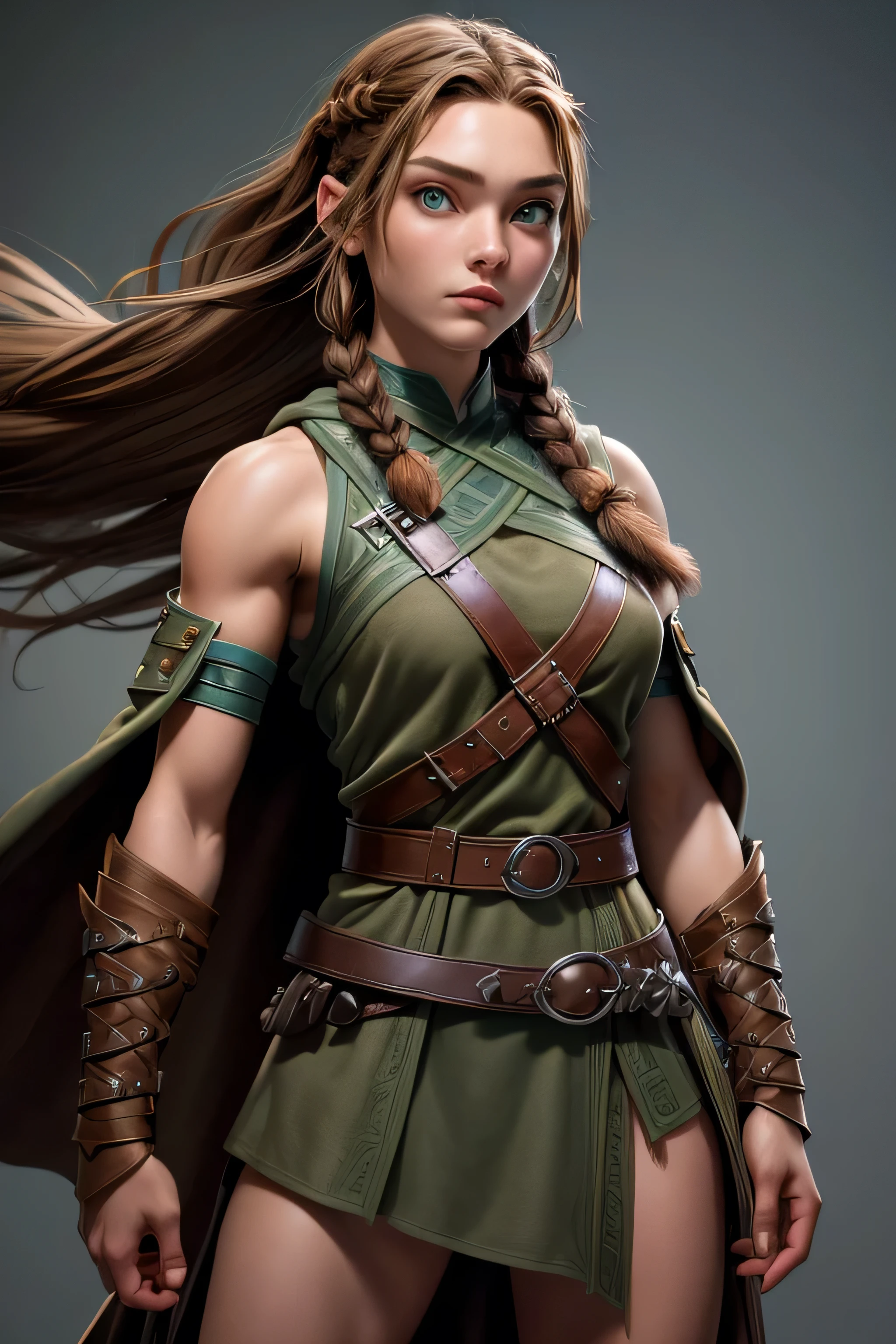 ( masterpiece , The best quality ) (young warrior woman of nordic descent), (green eyes), (muscle shirt), (fur skirt), (Brown hair color),(loose hair with small braids on the scalp), (leather strap top) feathers, cape over the shoulder, bufas, (blue, gray and brown suit).