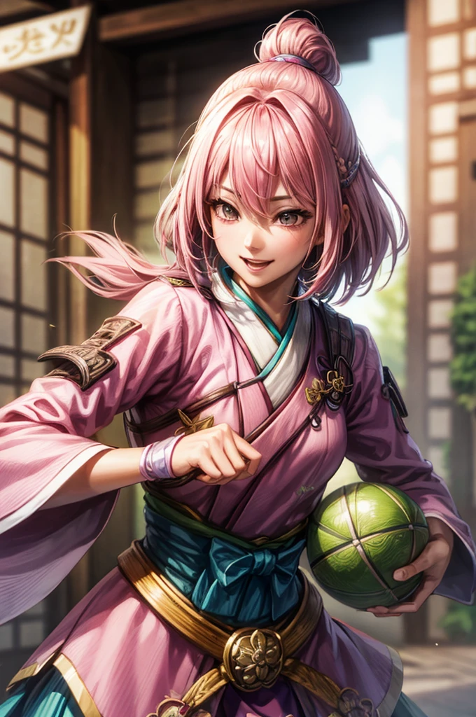 One Woman,  pink hair, もみあげ, Hanfu, smile,  Tight Waist, Bao Sanniang, cinematic lighting, cowboy shot, close-up, UHD, retina, masterpiece, accurate, anatomically correct, textured skin, super detail, high details, high quality, award winning, best quality, highres