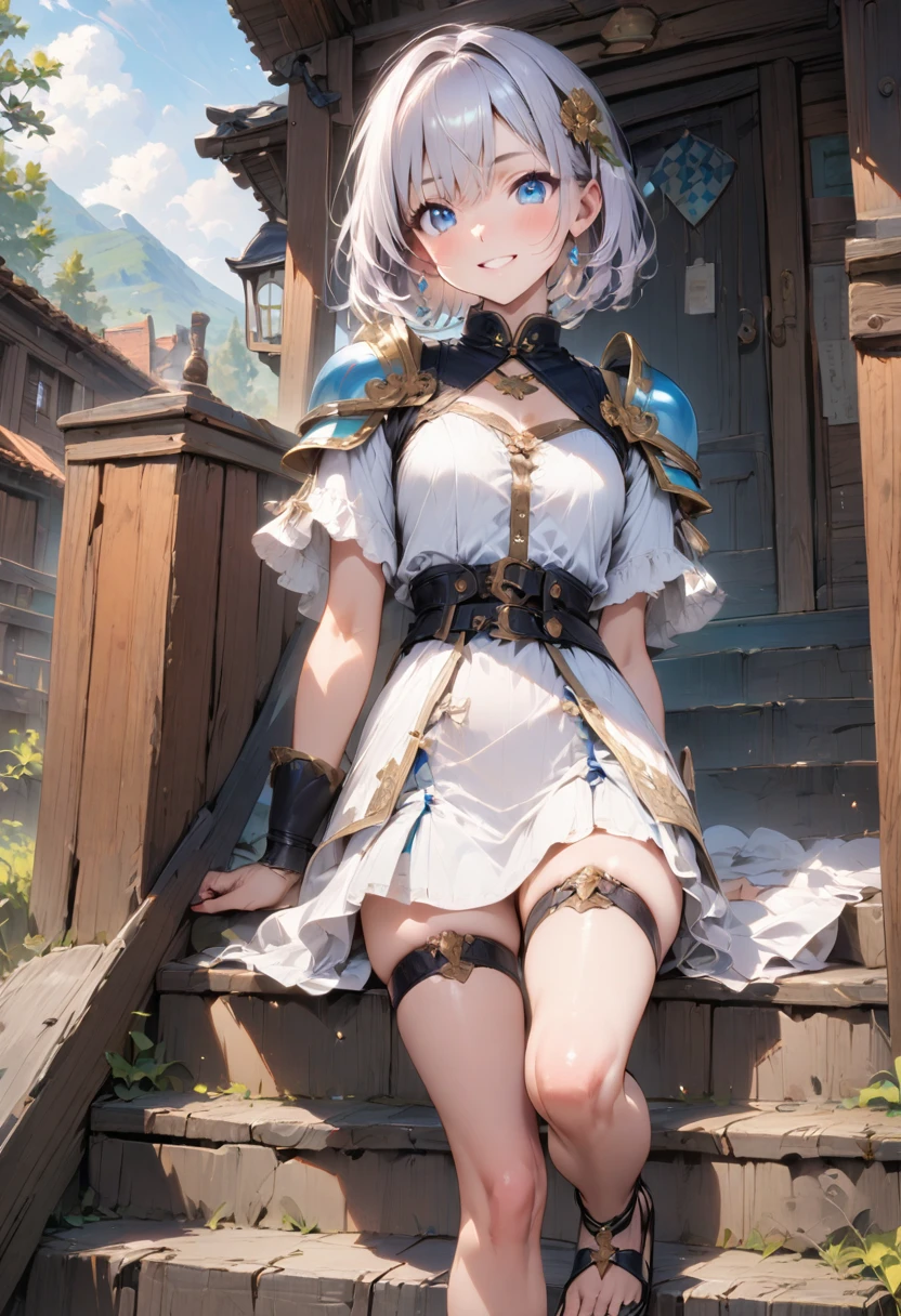 (masterpiece),(best quality),(ultra-detailed),(best illustration),(best shadow),(absurdres),(detailed background), 1girl, blue-eyes, solo, white-armor, short-hair, hair-ornament, sandals, ((white-hair)), simple-background, white-dress, belt, shoulder-pads, thigh-strap, gladiator-sandals,looking-at-viewer, smile, bracer, shoulder-armor, breastplate
