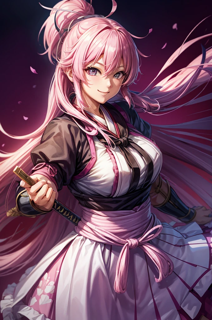 One Woman,  pink hair, もみあげ, Hanfu, smile,  Tight Waist, homura( Senran Kagura), cinematic lighting, cowboy shot, close-up, UHD, retina, masterpiece, accurate, anatomically correct, textured skin, super detail, high details, high quality, award winning, best quality, highres