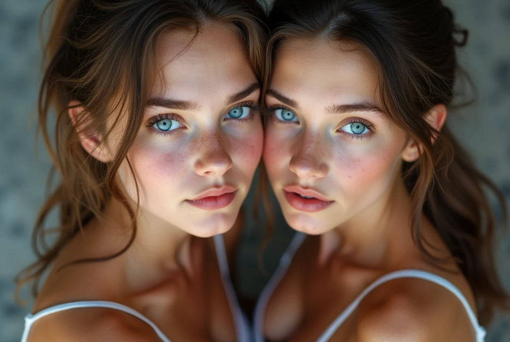 Full Body of a beautiful blond-haired, blue-eyed young dark-tanned woman, with massive breasts and very dark nipples, and a beautiful red-haired, green-eyed young dark-tanned woman, with small breasts and very dark nipples, both in loose open transparent bath clothing and kiss each other looking away from the camera, with perfect lighting and composition, captured by a professional photographer using a high-end camera for photorealistic quality and intricate details, highly detailed hair + cinematic shot, glamour photography, Canon EOS 5D Mark IV DSLR camera, EF 50mm f/ 1. 8 STM lens, Resolution 30. 4 megapixels, ISO sensitivity: 32, 000, Shutter speed 8000 second