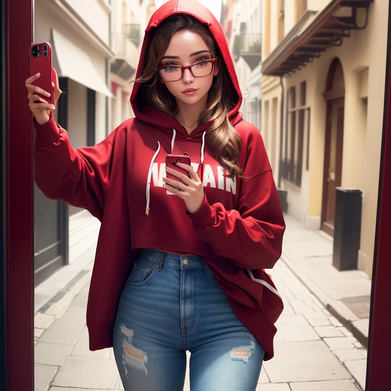 there is a women wearing a red sweatshirt and glasses,  I was wearing a scarlet hoodie , wearing a red sweatshirt, red sweatshirt, 8k selfie photography, wearing a hoodie,  1024px , portrait, selfie de un mujer,   image of very very low quality  , wearing a hood , autorportrait de difusión estable, avatar image sexy y erotica