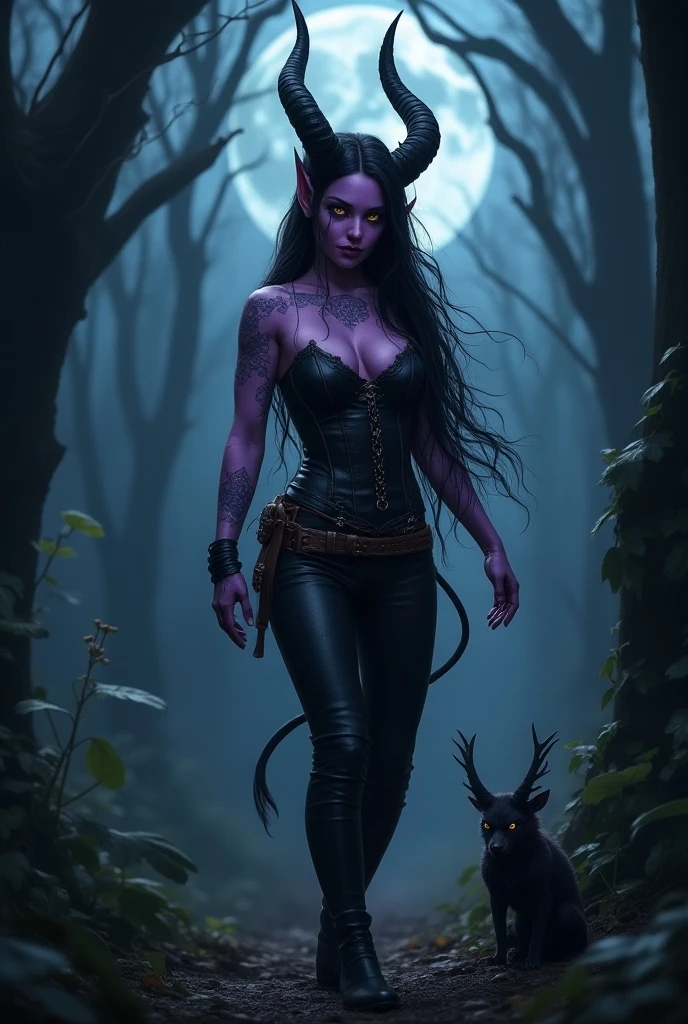 creates the image of a Tiefling woman with purplish skin, long thick ...