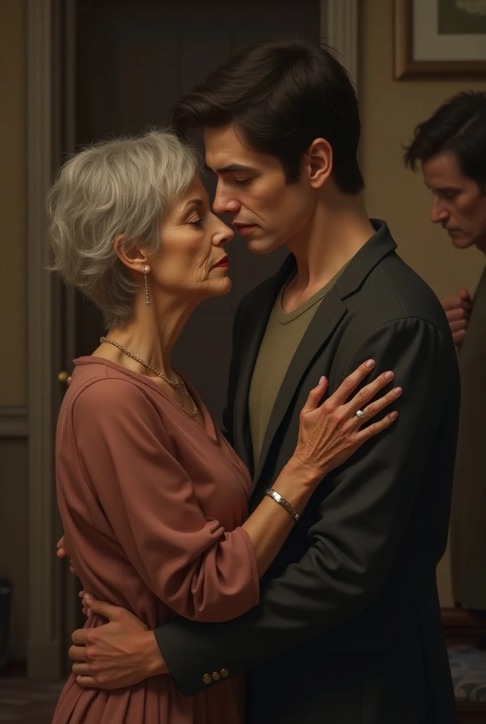 an 80 year old old grandmother with wrinkled skin on her face and body from America, naked, horny, she is having sex on the bed with her young husband, a 20 year old man, naked, in the room, hot and romantic, their bodies are sweaty, very detailed, cinematic, photorealistic