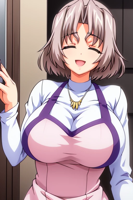  beautiful detailed eyes ,  beautiful and detailed lips ,  extremely detailed eyes and face,  anatomically correct, body from the waist up,  long eyelashes , 1 girl, anime girl, adult woman, beautiful woman, tender,  short hair , Shiny hair,  silver hair,  brown hair , parted bangs,  Big breasts, blue eyes, one eye closed, thin eyebrows, smile, happy, Open mouth slim body, standing,  white long sleeve t-shirt, long pink apron, necklace on the neck, Background of a kitchen ((Better quality, 4k, 8K,  High resolution , necessary,   masterpiece , 2d anime style,  Ultra detailed,  bright colors , HD model, UHD)) (((Style 2d)))