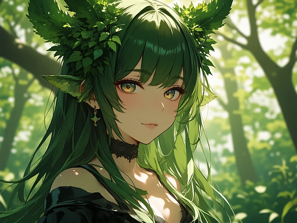 a green-haired and brown-eyed plant ,  plant-plant ,  dryad of the forest ,  in front of a large, beautiful tree , semi-new, very attractive and sensual,  her ears are plant-shaped and vines come out of her back,  she has a beautiful and frightening aura 