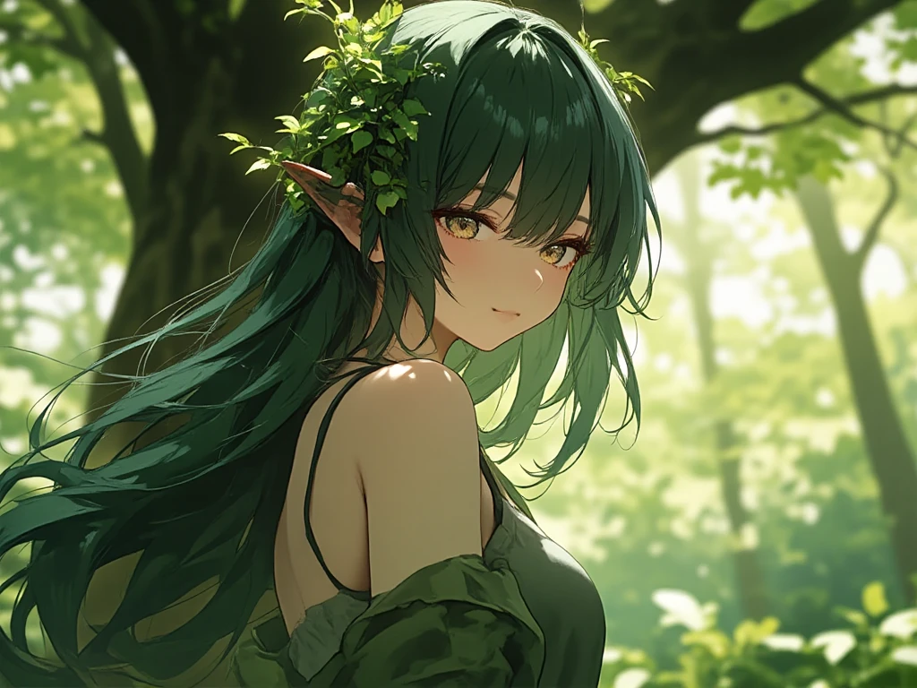 a green-haired and brown-eyed plant ,  plant-plant ,  dryad of the forest ,  in front of a large, beautiful tree , semi-new, very attractive and sensual,  her ears are plant-shaped and vines come out of her back,  she has a beautiful and frightening aura 