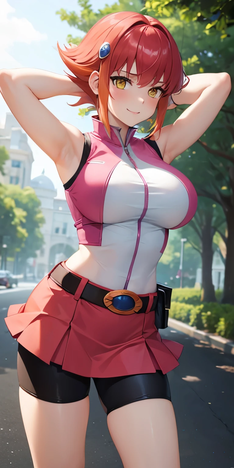 1 Female,High definition,high resolution,Ultra-realistic,8K, Annadef, 1girl, solo, multicolored hair, two-tone hair, hair ornament, yellow eyes, short hair, pink hair, red hair, orange hair,pink skirt ,small breasts, breasts, 
smile, shorts, sleeveless, belt, black shorts, bike shorts, large breasts,European,sexy,Upper body close-up,Photographed from the front,Dynamic Angles,(blush), (arms behind head),(big tits)