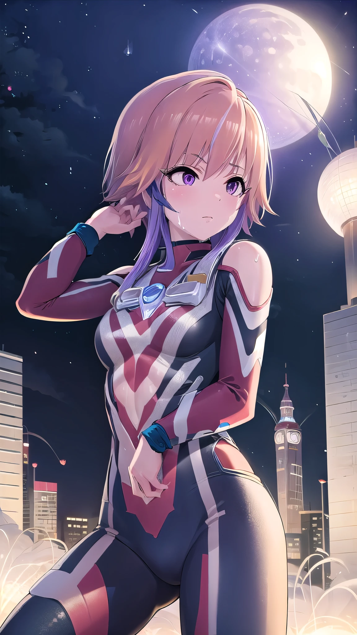 (Best Quality,4K,8k,masterpiece:1.2),Asuka Ninomiya,alone, 1 girl, Orange Hair ,Long Hair,bangs,Purple Hair, purple eyes,Tight clothing, cowboy shot, Viewers, Combat Stance,(Ultra Girl:1.0), ( bright red Ultraman bodysuit:1.4),(Don't show my skin :1.5),(( trained abs )),( Trained Biceps),( Building:1.2),Night view, Night Sky,Lots of sweat on the face