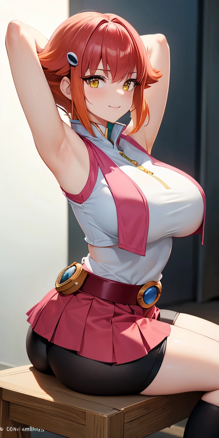 1 Female,High definition,high resolution,Ultra-realistic,8K, Annadef, 1girl, solo, multicolored hair, two-tone hair, hair ornament, yellow eyes, short hair, pink hair, red hair, orange hair,pink skirt ,small breasts, breasts, 
smile, shorts, sleeveless, belt, black shorts, bike shorts, large breasts,European,sexy,Upper body close-up,Photographed from the front,Dynamic Angles,(blush), (arms behind head),(big tits),(sitting),from behind,huge ass,((show ass)),(black thong)