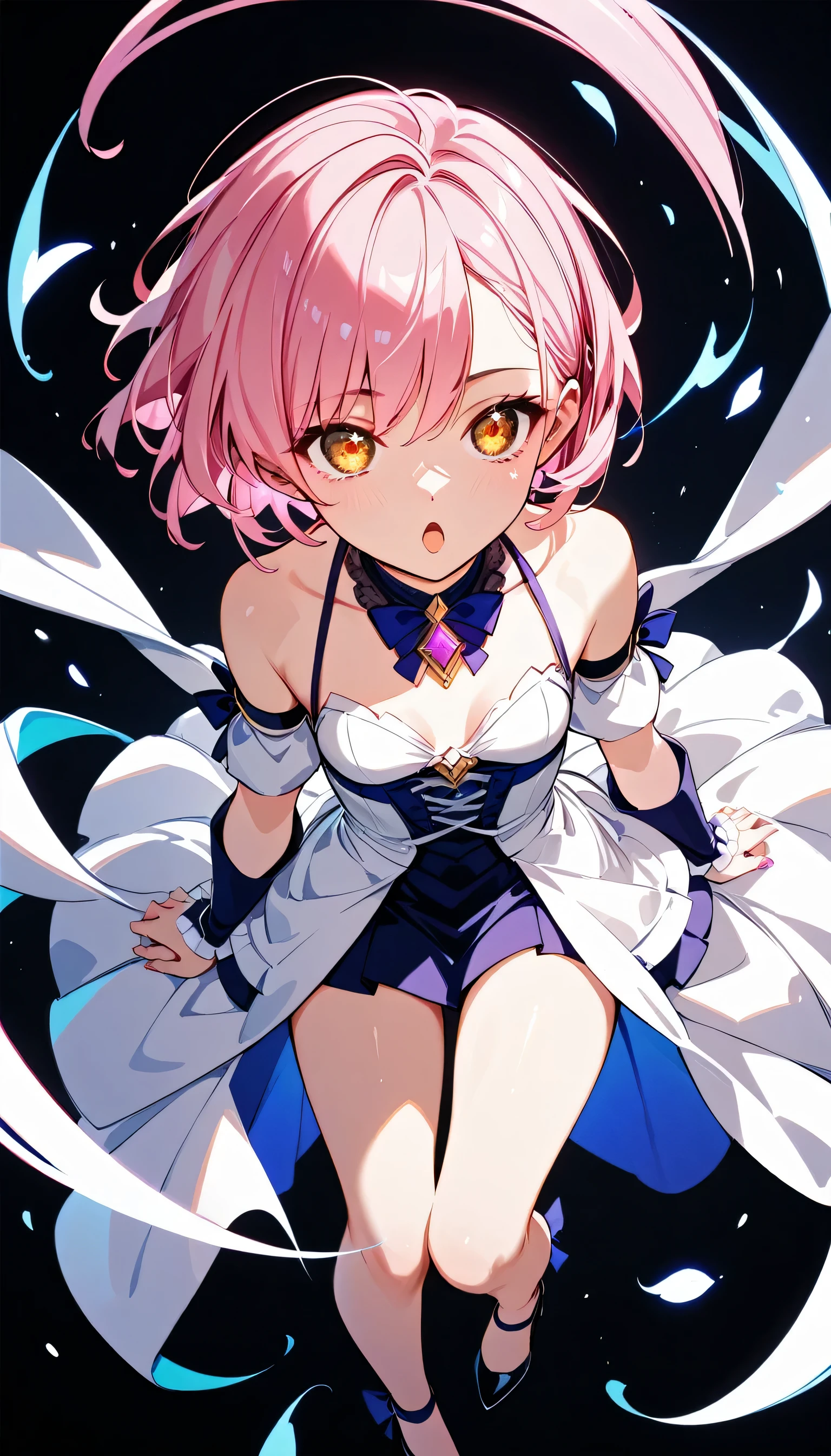 High image quality 、high quality、 one girl shaking her hips、 pink hair、 short hair、 golden eyes、Small breasts、 cleavage、 simple background、Fisheye Lens、Shooting from above、 The girl is looking at the camera、 face up 、Looking up、 High Heels 、White clothes、 magic maiden 、Big ribbon