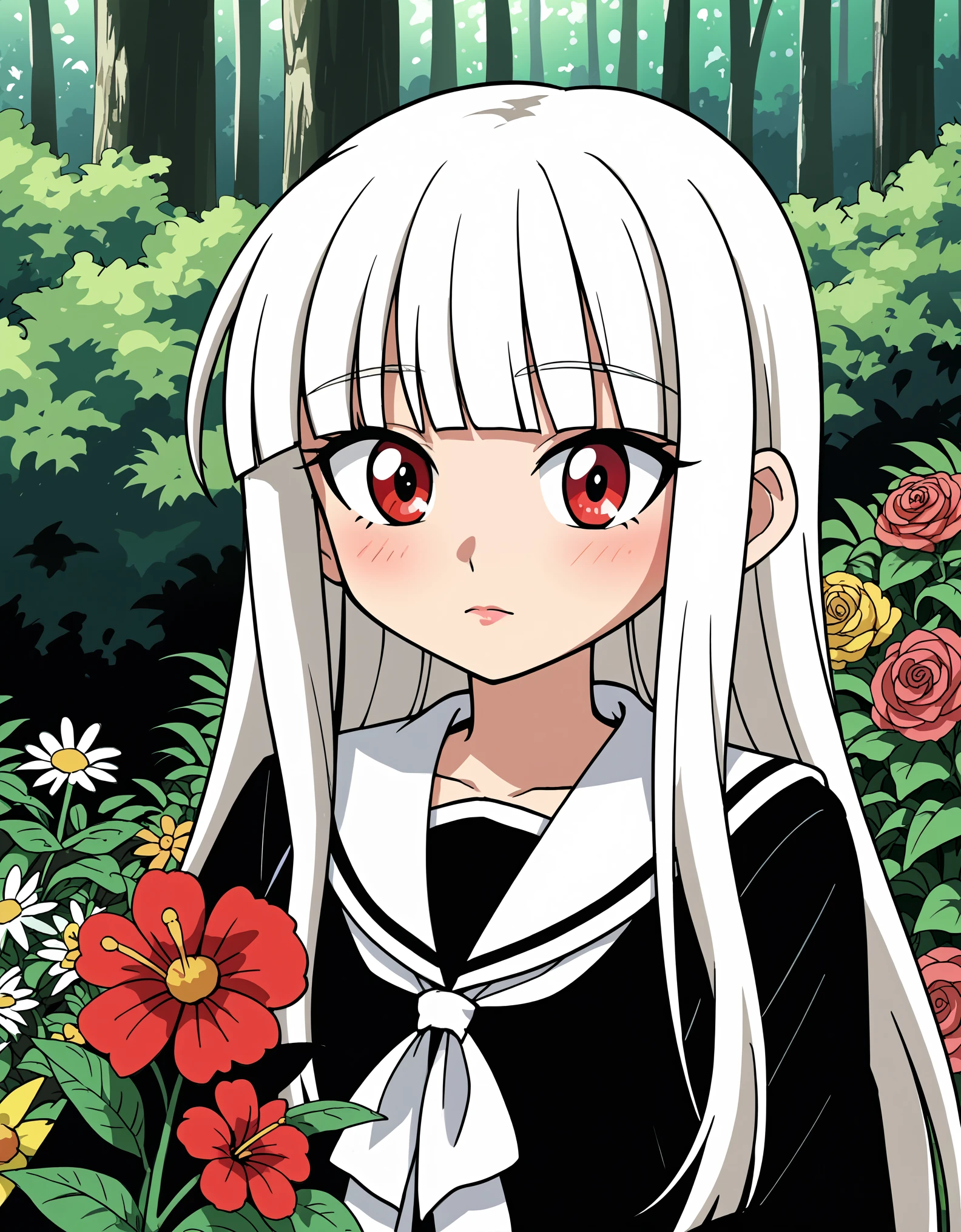 score_9, source_anime, anime_coloring, anime_screencap, rating_sfw, newest, masterpiece, amazing quality, best quality, detailed, absurdres, illustration, game_cg, intricate, an extremely delicate and beautiful, 1 girl, cute, perfect anatomy, red eyes, pettier, white hair, long hair, blunt bangs, white sailor collar, close-up, upper body, forest, flower, standing,