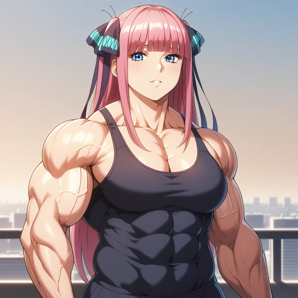 A muscular woman standing on a rooftop, gazing at the sunset over the city skyline. Her hair is blowing gently in the wind, and her toned arms and back are visible in her simple tank top as she leans on the railing. The warm colors of the sunset create a peaceful and reflective mood. muscular girl, ((((huge)))) girl, (((((flat))))) chest,((((((wide)))))) shoulder, 1girl, ((((thick)))) neck, (((((wide))))) pecs, ((((muscular, muscle, big girl, fat, thick arms, (((large))) torso, pectorals, lat, ((((huge)))) hip)))), straight waist, upper body, anime, japanese anime, japanese animation, very large muscles, nino nakano, long hair, bangs, blue eyes, hair ornament, hair ribbon, pink hair, blunt bangs, two side up, butterfly hair ornament, mature female, detailed eyes, detailed mouth, detailed face, detailed faceline, best quality, masterpiece, intricate details, detailed, professional, front view, Upper pectoralis major, Middle pectoralis major, Lower pectoralis major, Trapezius, deltoid, anterior deltoid, middle deltoid, posterior deltoid, Biceps, Biceps long head, Biceps short head, Triceps, Triceps medial head, Triceps Lateral Head, Triceps long head, Sternocleidomastoid, Platysma, Forearm Muscles, Serratus anterior, Oblique abdominal muscles, Rectus abdominis, abs, Transverse abdominis, Gluts, gluteus maximus muscle, Gluteus medius muscle, Tensor fasciae latae muscle, quads, Rectus femoris muscle, Vastus lateralis muscle, Vastus intermedius muscle, Vastus medialis muscle, hamstring, Biceps femoris muscle, Biceps femoris long head, Biceps femoris short head, Semimembranosus, Semitendinosus, Adductor magnus muscle, surae muscle, Triceps surae muscle, Gastrocnemius muscle, Soleus muscle, blood vessels, vein, artery, vascular, veiny arms, veiny shoulder, (((vascular))) neck, (((veiny))) chest, briny torso, veiny hip