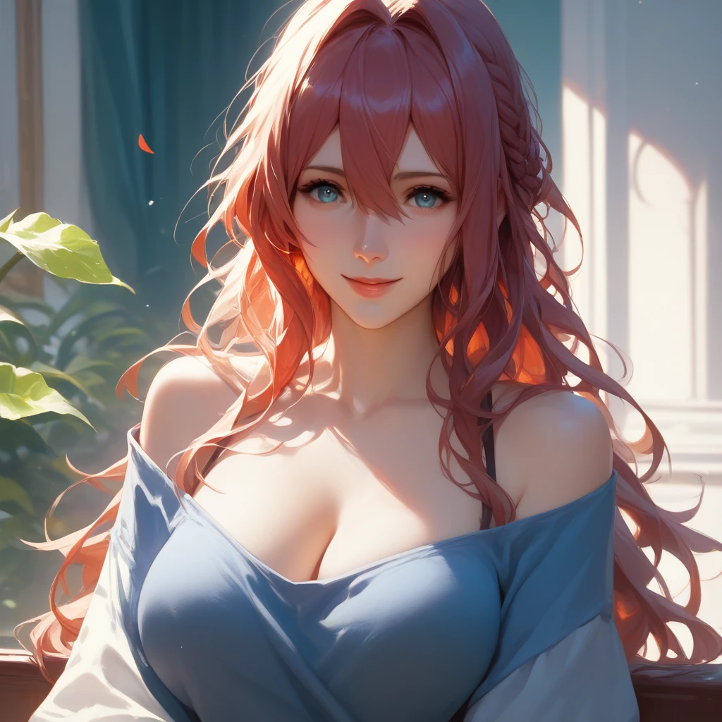  score_9,  score_8_up,  score_7_up,sauce_Anime,   high resolution image,masterpiece, best quality , girl,Cute face,Beautiful Skin,violet_ Evergarden,smile、Long Hair、 off-shoulder 、Large Breasts、 cleavage