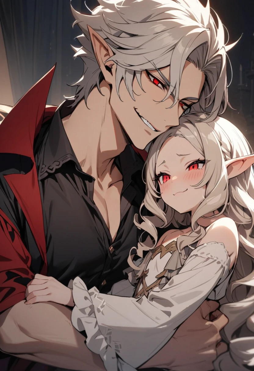 masterpiece, high quality, handsome elf, smirk, red eyes, vampire, short silver hair who hugging his daughter, an adorable elf princess with long blond curly hair