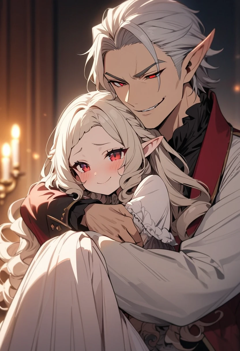 masterpiece, high quality, handsome elf, smirk, red eyes, vampire, short silver hair who hugging his daughter, an adorable elf princess with long blond curly hair. He loves her, and she is Daddy's . 