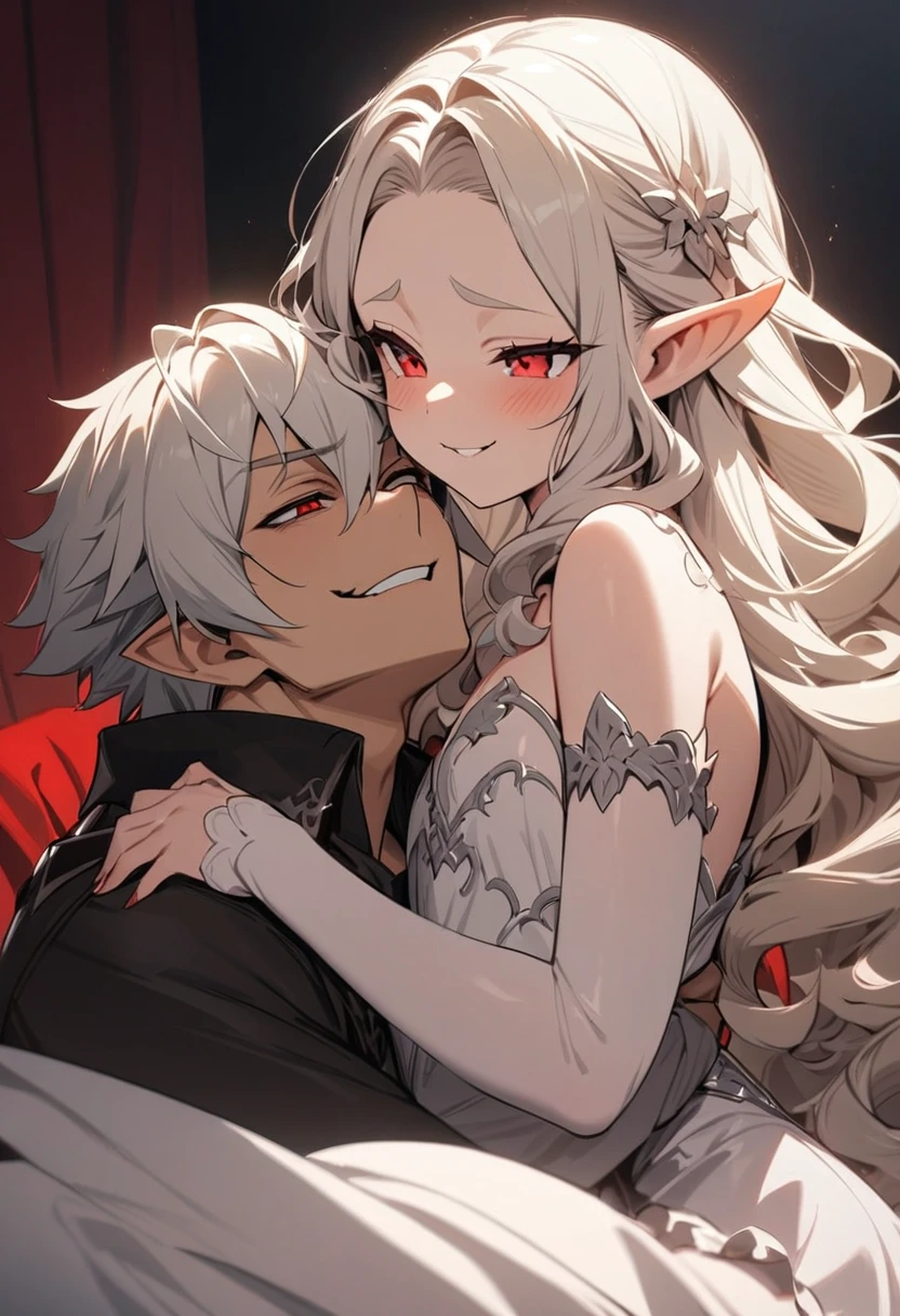 masterpiece, high quality, handsome elf, smirk, red eyes, vampire, short silver hair who hugging his daughter, an adorable elf princess with long blond curly hair. He loves her, and she is Daddy's .