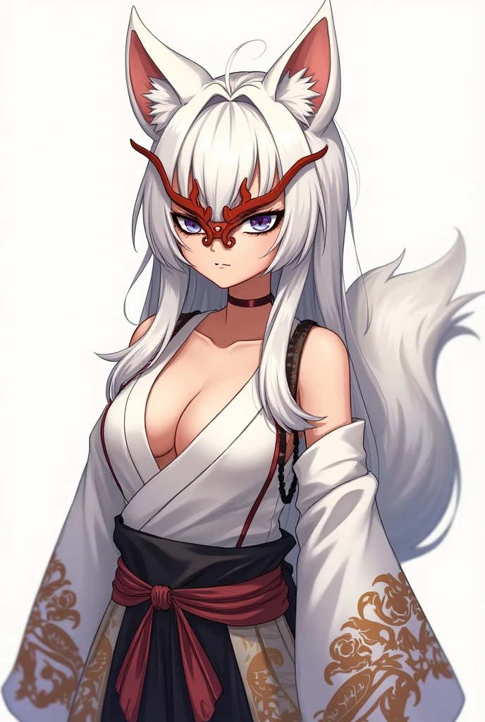 score_9, score_8_up, score_7_up, score_6_up, solo, 1girl, fox girl, fox ears, 9 fox tails, smooth skin, earrings, white hair, bone hair ornament, high ponytail, kimono, fang, necklace, short red kimono top, cleavage, large breasts, white sash, exposed shoulders, thighs, sketch, hatching \(texture\), cowboy shot,