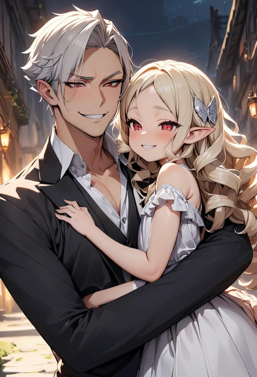 masterpiece, high quality, handsome elf, smirk, red eyes, vampire, short silver hair who hugging his daughter, an adorable elf princess with long blond curly hair. He loves her, and she is Daddy's . 