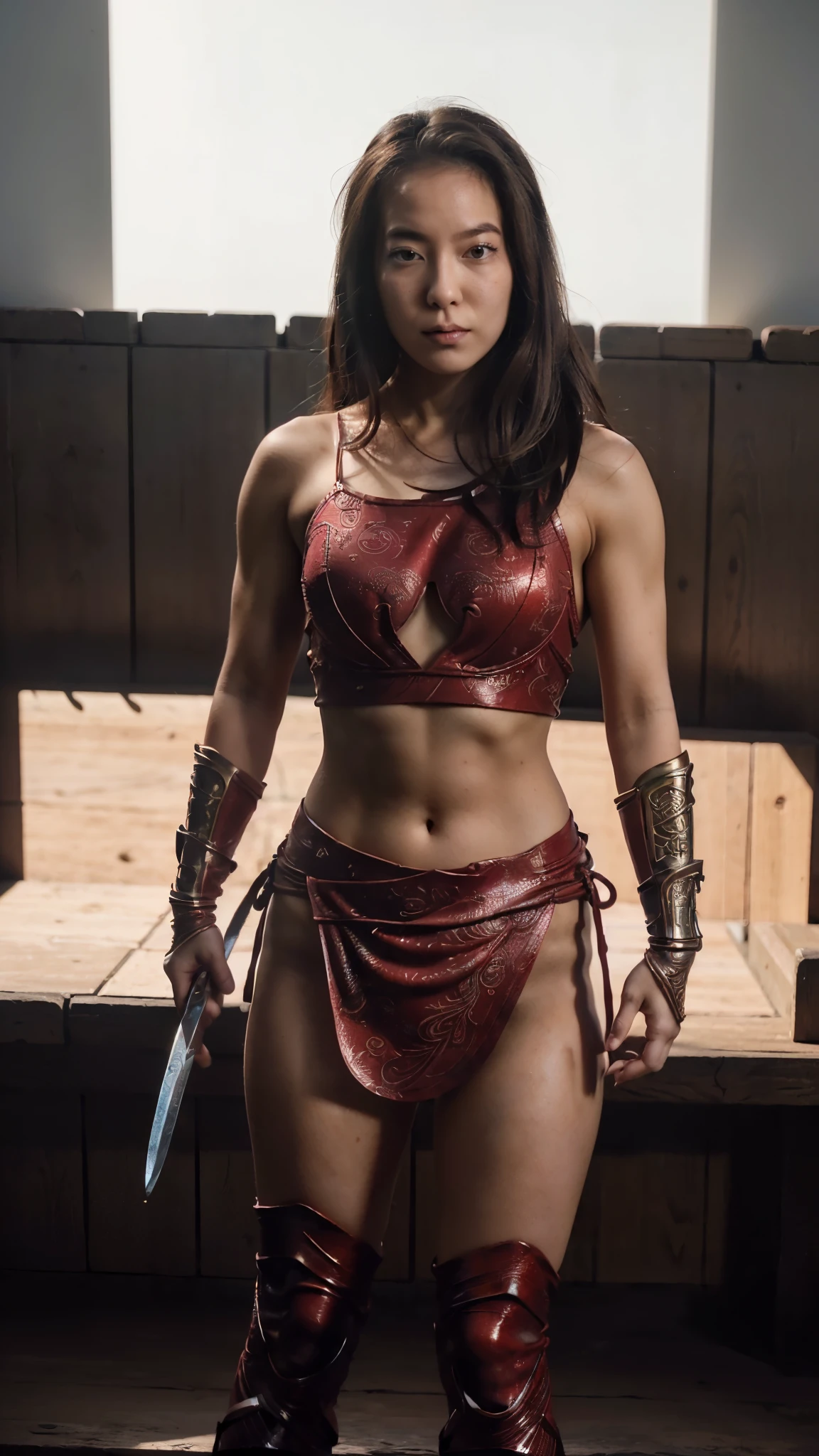 (masterpiece, top-quality:1.3),(Top image quality,8K,​masterpiece:1.3),Realistic high-quality photos, Cinematic Light, Photorealistic, Super beauty、(Female ninja:1.3), Extremely agile warrior, fitness, intricate-detail, Red Ninja Costume, two swords, asian 25 year old girl, (small-breasted:1.3)