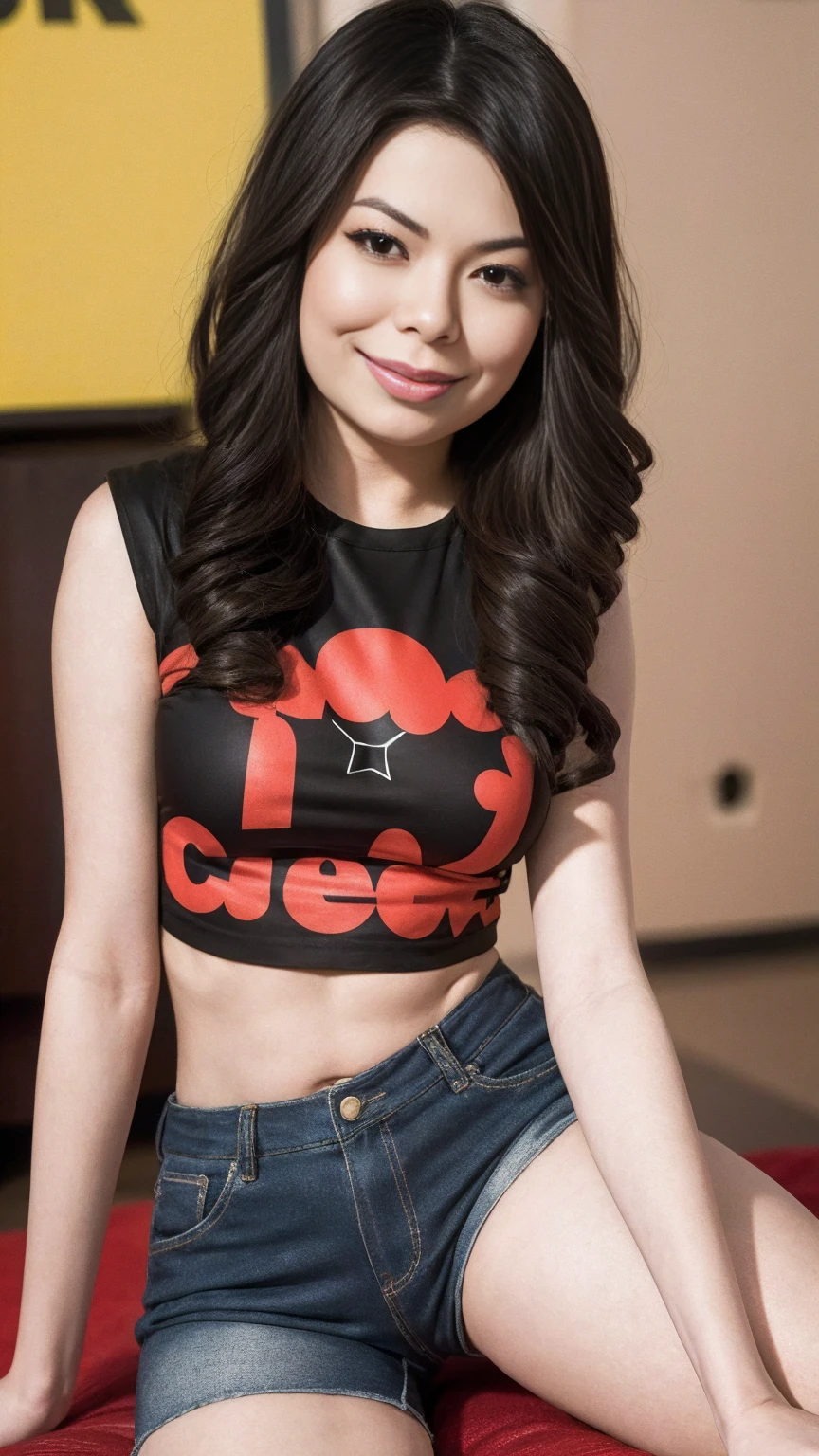 Miranda Cosgrove,, 4k anime wallpaper, Artwork in the Guvez style, perfect body, beautiful body, crop top, short shorts, black long hair, medium breasts, bedroom 
