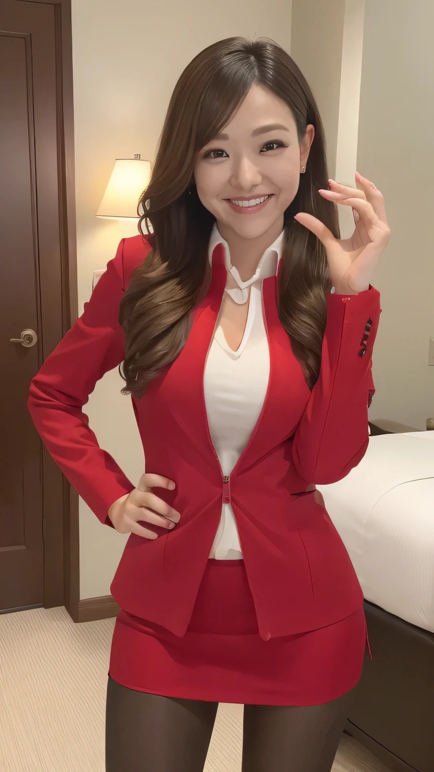  best quality 、8k、masterpiece、  super high resolution  、Clear Photo、 professional lighting 、Natural Light、Realistic、High definition skin、 perfect anatomy、One Woman、Age 30、baby face:1.5、(Large Breasts)、Blonde 、Beautiful Hair、smile、(red tight suit )、( red jacket、 red pencil skirt:1.4、Perfect Pantyhose、 black pantyhose)、((luxury resort hotel bedroom、Standing and posing sexy))