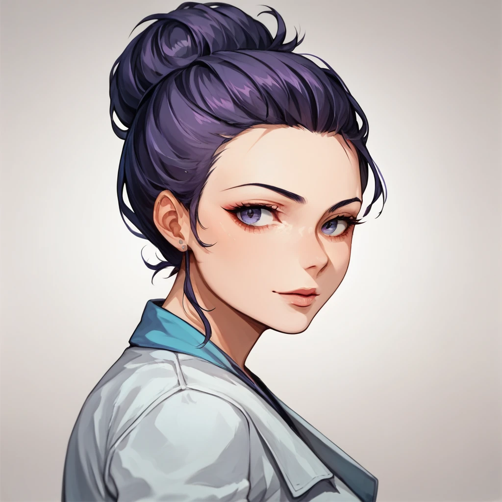 1 girl, 2D Anime, light skin,  dark purple hair ,young woman, portrait,  beautiful eyes, Hair shimmers, chinese bun hairstyle, sly look, adult face,  sexy face 