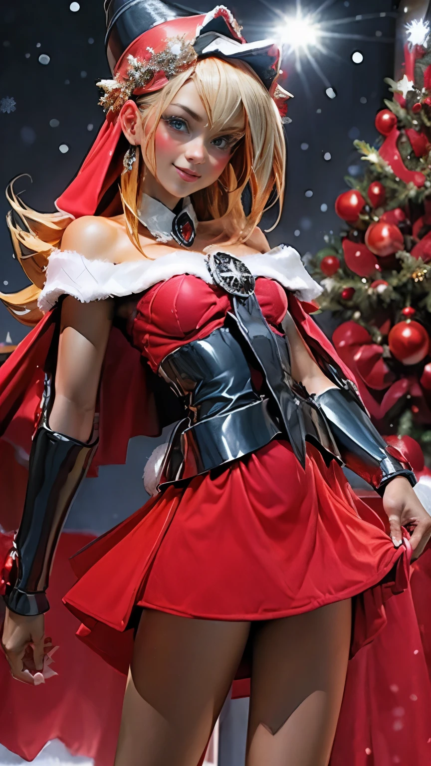 Dark magician gils in red dress,((see through)),  background , rubio,(((Tiny mini skirt))), ((skirt lift)),(((tanga visible))), smiling, blue eyes, realistic, red heels, (((Christmas))), neckline, ((Christmas tree, gifts)), blonde hair, Christmas of Magic. Sejutive and sensual pose. Ella está inclinada hacía enfrente y muestra su ropa interior color rojo. 