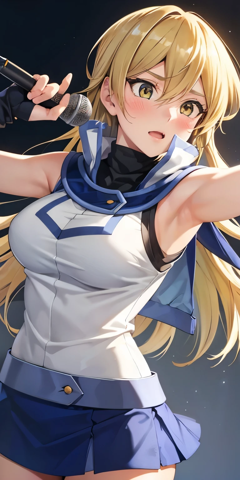 1 Female,High definition,high resolution,Ultra-realistic,8K, ta1,blonde hair,long hair,yellow eyes, white jacket, sleeveless, blue skirt,tight skirt , miniskirt,fingerless gloves, white jacket, clothes around waist, orange pants, large breasts,holding instrument, microphone, singing,European,sexy,Upper body close-up,Photographed from the front,Dynamic Angles,(blush), (medium tits) ,(perfect hands)