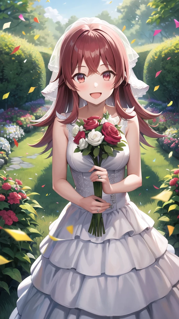 masterpiece, best quality, highres, aakaho, long hair, wedding dress, standing, garden, confetti, holding bouquet, smile, open mouth,