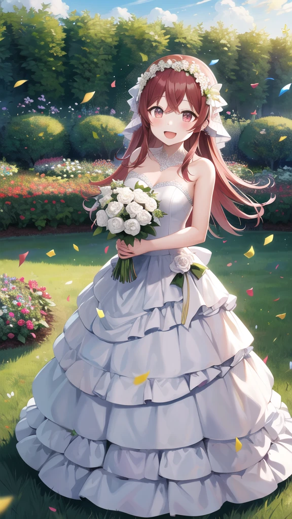 masterpiece, best quality, highres, aakaho, long hair, wedding dress, standing, garden, confetti, holding bouquet, smile, open mouth,