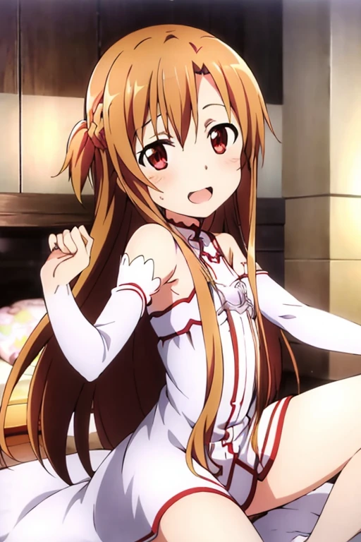 ((Best Quality)), ((masterpiece)), (be familiar with),  perfect face, indoor, bedroom,  is watching viewers,
One woman, Yuuki Asuna,
 open mouth , Ecstatic expression, blush, smile,
Small breasts,  flat chest, , , , Girl,
Long Hair,  long hair,
Leg spread,