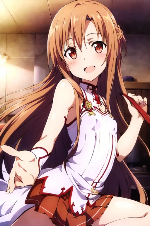 ((Best Quality)), ((masterpiece)), (be familiar with),  perfect face, indoor, bedroom,  is watching viewers,
One woman, Yuuki Asuna,
 open mouth , Ecstatic expression, blush, smile,
Small breasts,  flat chest, , , child, Girl,
Long Hair,  long hair,
Leg spread,