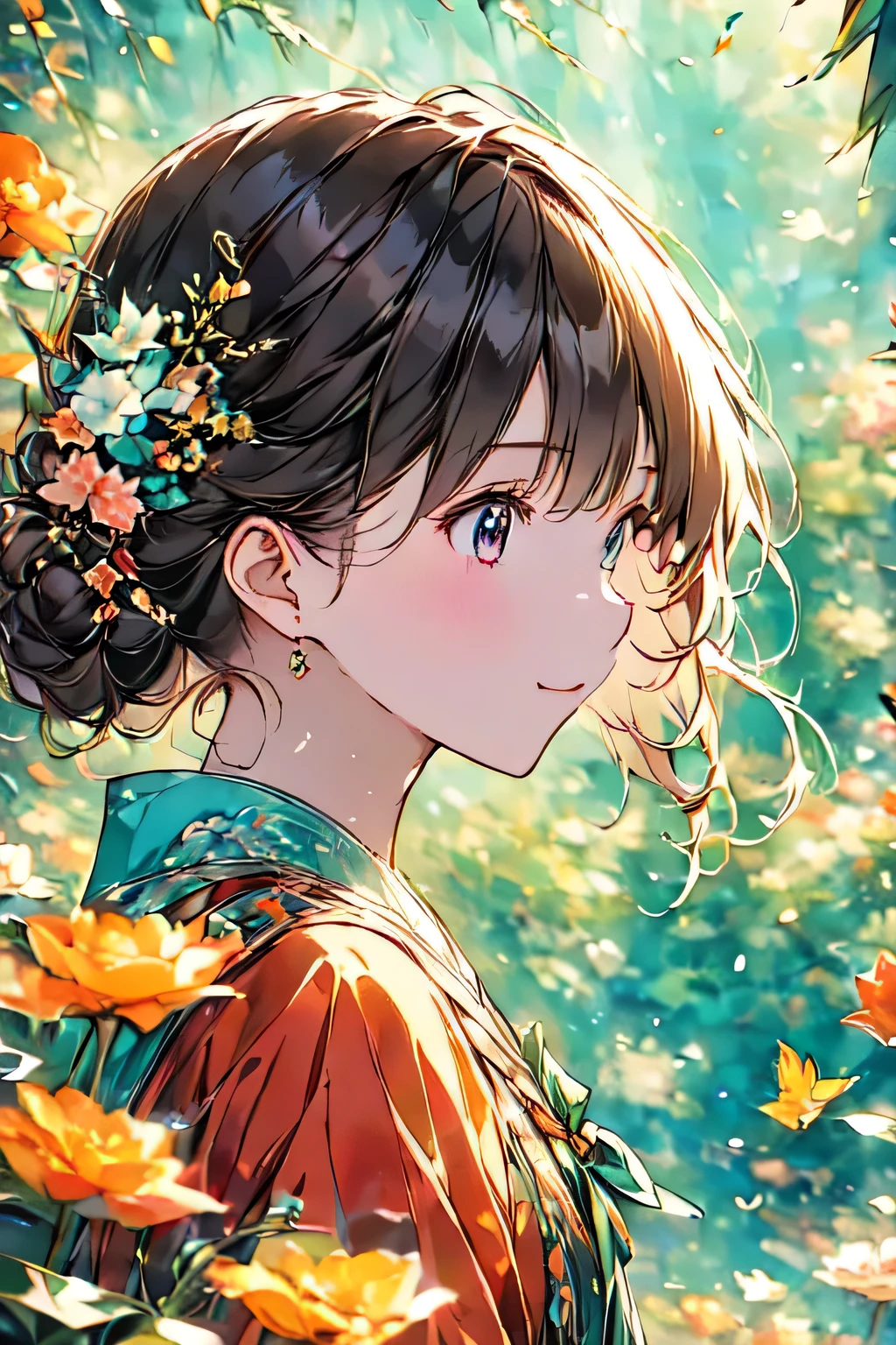 (masterpiece, Best Quality, Official Art:1.2), (colorful),  perfect anatomy,  staring at the audience,One Girl, Alone, White background, floating colorful water,  super precise illustrations ,  finely drawn down to the smallest detail,  Dynamic Angle,   beautiful details, 8k, 壊す smiling amidst the colorful scenes, ( Kampala),  anime style。Coat。