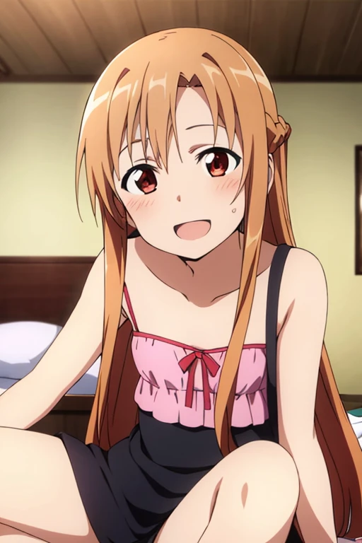 ((Best Quality)), ((masterpiece)), (be familiar with),  perfect face, indoor, bedroom,  is watching viewers,
One woman, Yuuki Asuna,
 open mouth , Ecstatic expression, blush, smile,
Small breasts,  flat chest, , , child, Girl,
Long Hair,  long hair,
Leg spread,