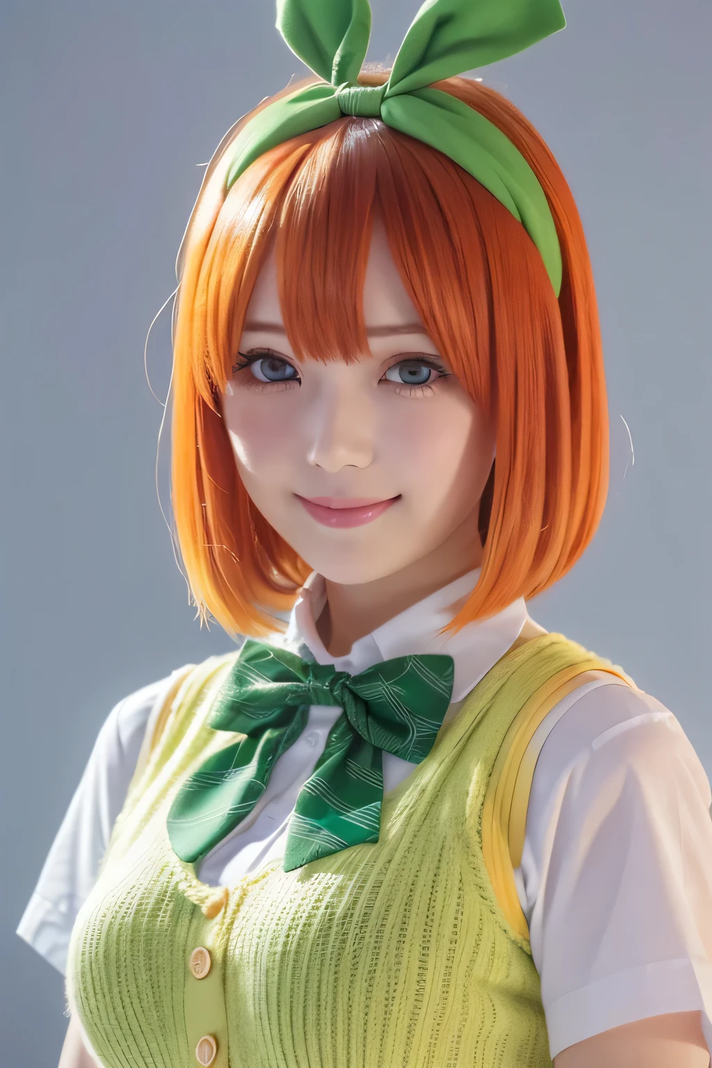 Alone, 1 girl, looking at viewer,,  anime coloring ,  upper body, ( Solid white background:1.3), Fourth floor Nakano,  yellow knitted vest , white shirt,  green bow tie,  short sleeves, looking at viewer, smile, :d, orange hair, green bow , blue eyes,