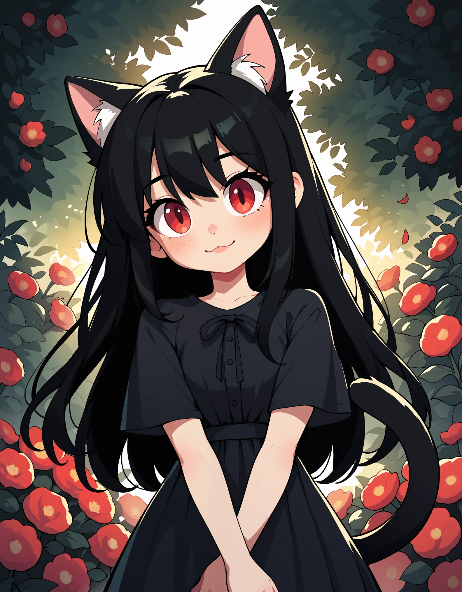 score_9, score_8_up, score_7_up, 1girl, black hair, long hair, red eye, many black flower, Front View, cute, black dress, cat ear, tail