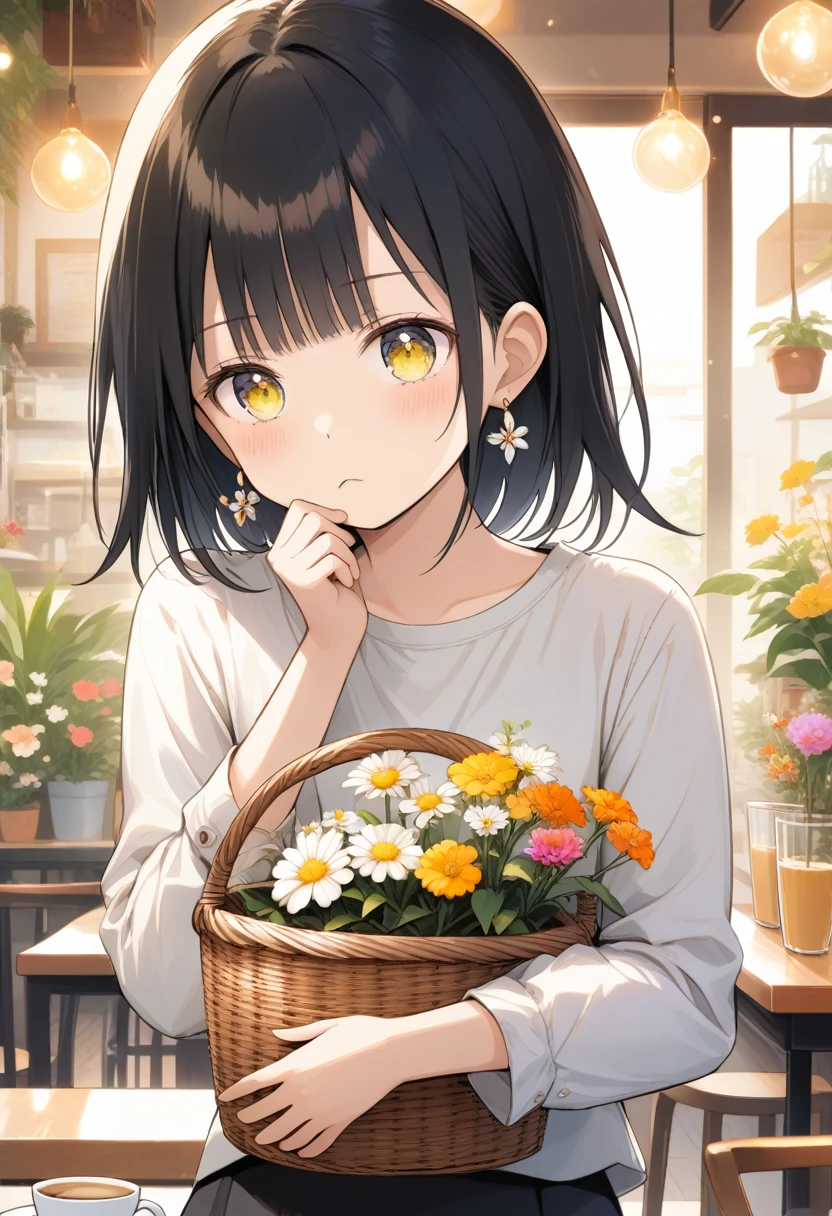 Woman in light-colored casual clothes ,  holding a basket with flowers in her hand . chic, Soft atmosphere. Soft light.  Cafe with lots of potted plants and colorful flowers in the background. shortcuts, bangs, Black Hair , ribbon,  earrings with cups,  side blade, Chest, Close your mouth, shy,  big sparkling eyes,