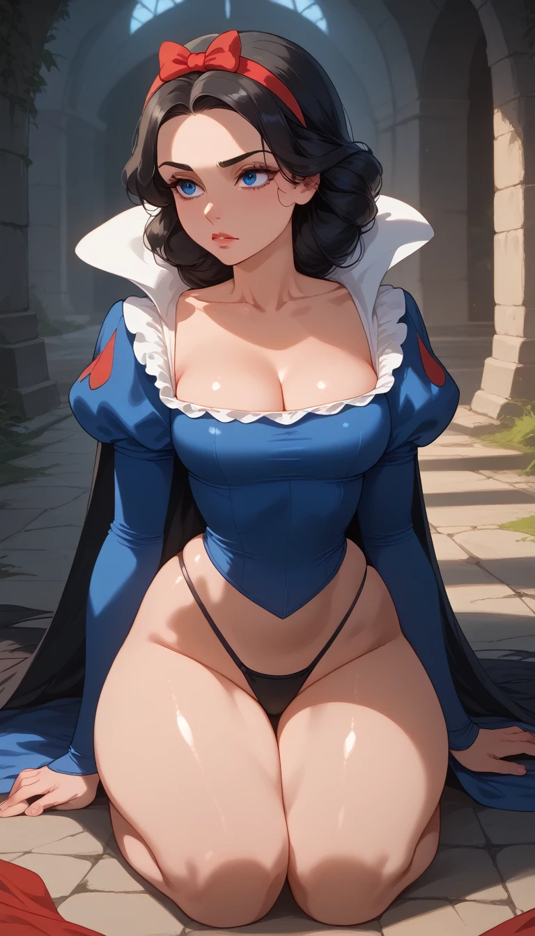 
   Snow White   , blue eyes, (:1.1),long loose hair,  long black hair ,, (black thong bikini), exposed legs ,thick thighs,    Knee-high,   shiny and oily skin   , big ,
focus only,   eyes half closed ,  tense expression, tense look,very sexy and daring    ,brilliance,  Kneeling in a dungeon, prisoner