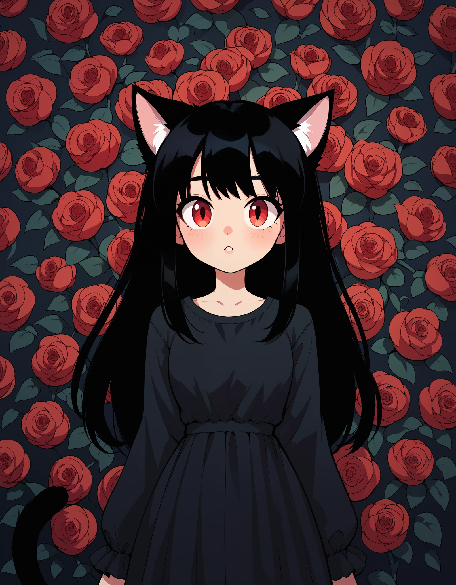 score_9, score_8_up, score_7_up, 1girl, black hair, long hair, red eye, many black flower, Front View, cute, black dress, cat ear, tail