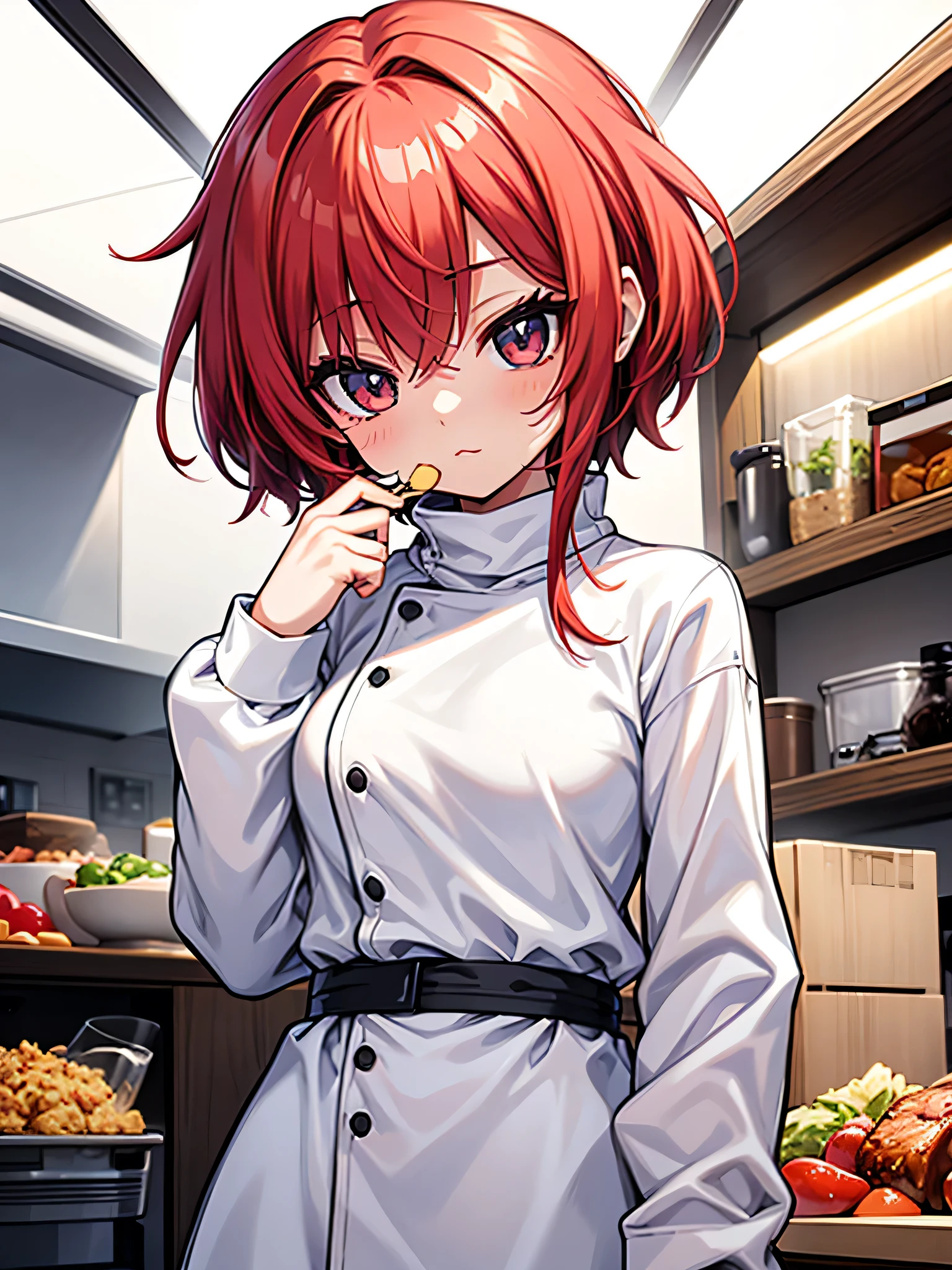 best quality, masterpiece, kyrielight mash, solo, 1girl, black eyes, white turtleneck shirt, (chibi: 0.6), light red hair, sticker, emoji, cute, white background, ((making food))