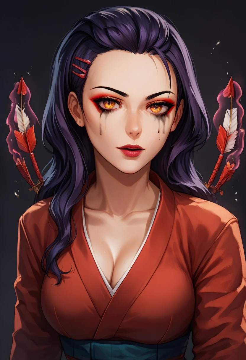 1 girl, 2D Anime, light skin,  dark purple hair ,young woman, portrait,  beautiful eyes, magic clip  ,  neon bright red kimono , cinematic,  cinematic shot in front of the viewer, hair on eyes, predatory look, fighting look,  long hair ,  beautiful red makeup , smooth makeup , arrow makeup,  stand in front of the viewer,  black background with spotlights 