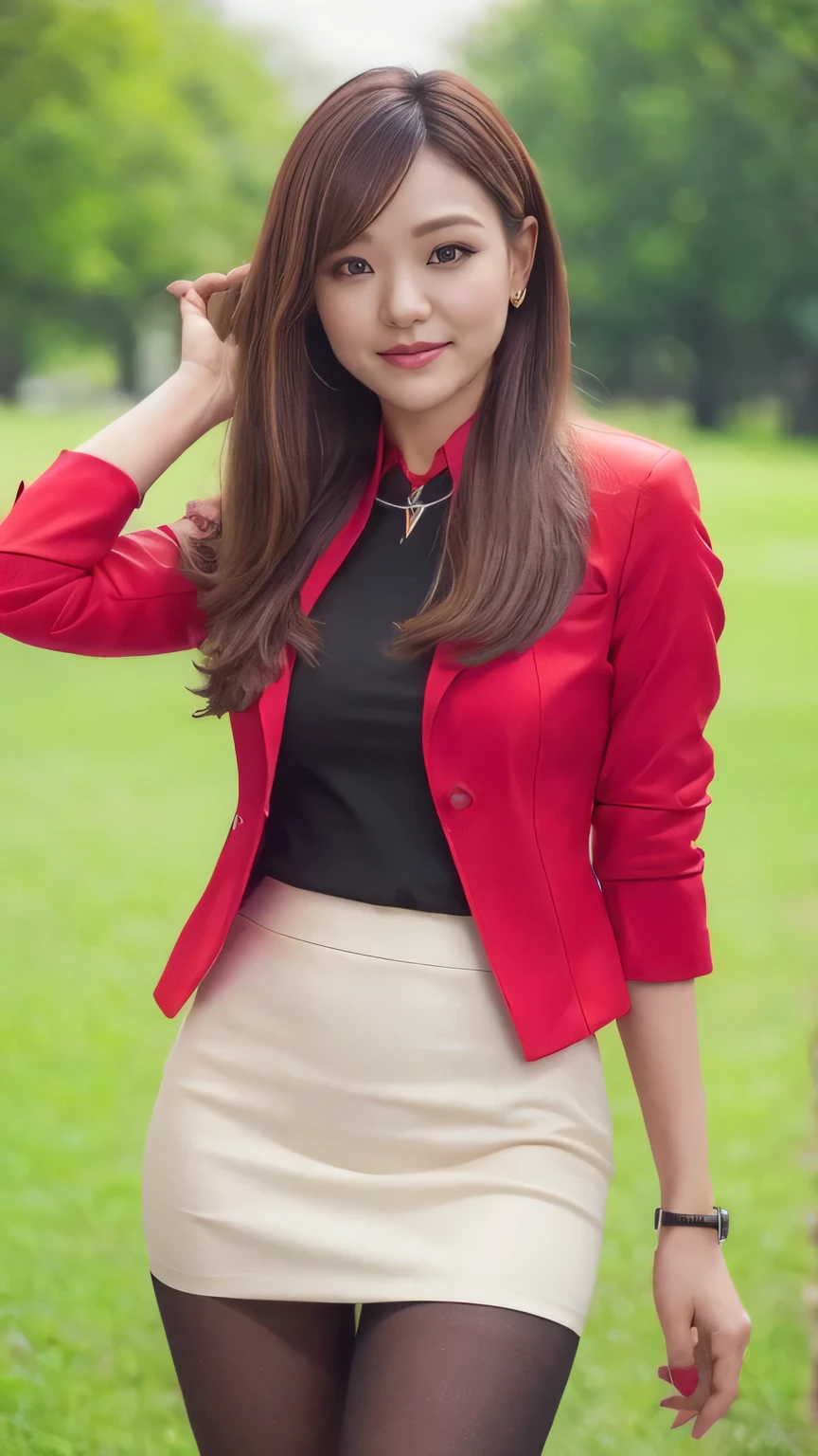  best quality  、8k、masterpiece、  super high resolution  、Clear Photo、  professional lighting  、Natural Light、Realistic、 high definition skin 、  perfect anatomy、One Woman、Age 30、baby face:1.5、Large Breasts、blonde 、Beautiful Hair、Straight face、(Red tight suit、 red jacket、 red pencil skirt:1.4、Perfect Pantyhose、  black pantyhose)、((Plateau scenery、Large park、On the grass))、 standing in a sexy pose