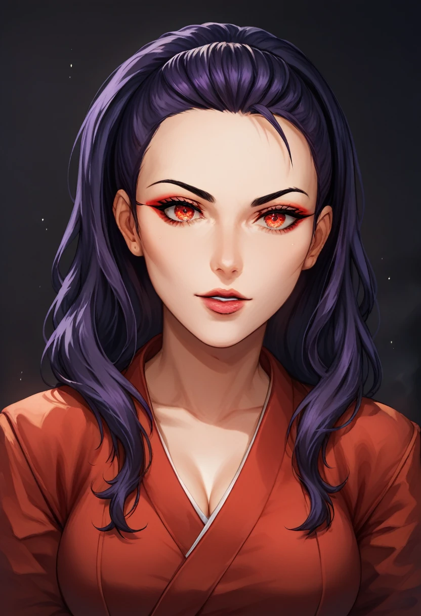 1 girl, 2D Anime, light skin,  dark purple hair ,young woman, portrait,  beautiful eyes,  hair rises on the barrette ,  neon bright red kimono , cinematic,  cinematic shot in front of the viewer, hair on eyes, predatory look, fighting look,  long hair , red arrows at the eyes ,  stand in front of the viewer,  black background with spotlights 