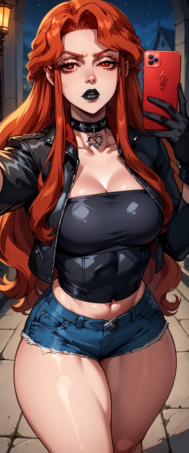 score_9, score_8_above,
Lenore    (castelovania), Red hair,  long hair  , red eyes, (:1.1),   black leather jacket, Black Lipstick, Spit choker ,((( short and tight denim shorts))), leather gloves, exposed legs  ,thick thighs,   Knee-high,   bright, oily skin  ,
Selfie,focus only,     Lee's half-closed eyes,   serious expression  ,
,magical glow, Precise Anatomy,  vibrant colors   ,Night outdoors