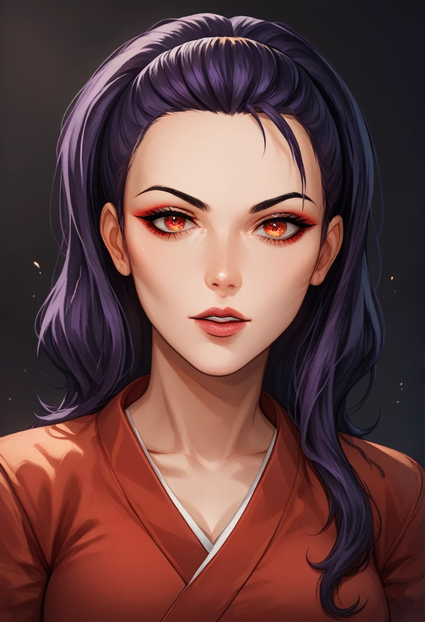 1 girl, 2D Anime, light skin,  dark purple hair ,young woman, portrait,  beautiful eyes,  hair rises on the barrette ,  neon bright red kimono , cinematic,  cinematic shot in front of the viewer, hair on eyes, predatory look, fighting look,  long hair , red arrows at the eyes ,  black background with spotlights 