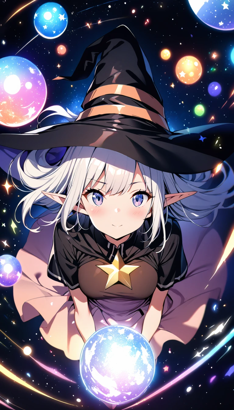  best quality ,  Kampala,  1 girl, Elf,  witch hat , Floating in space, Energy sphere, Particles of light,  shiny hair , Shining Star,  fantasy,