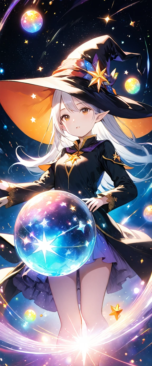 red eyes, 1 girl, white hair, inverted bob, long hair, floating, in space, planet, witch's hat. magical energy, clouds, thighs, holding hat