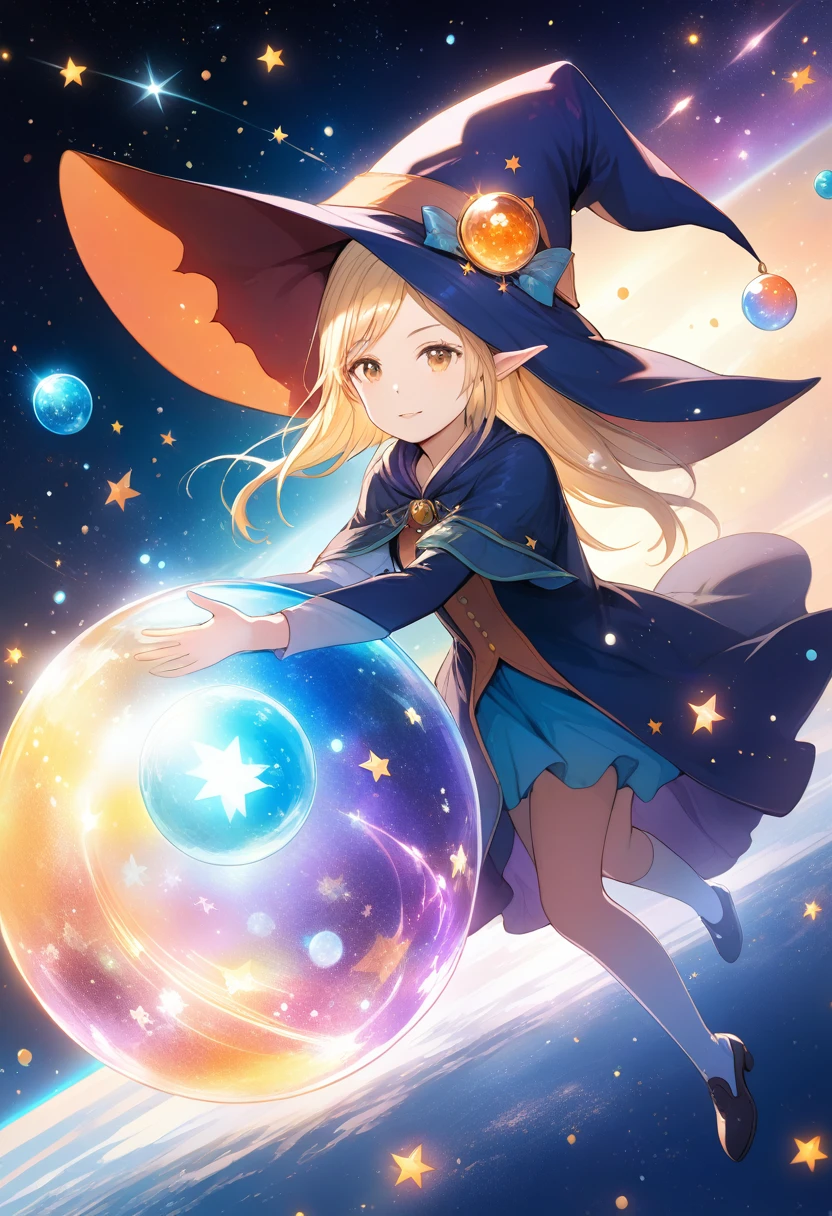  best quality ,  Kampala,  1 girl, Elf,  witch hat , Floating in space, Energy sphere, Particles of light,  shiny hair , Shining Star,  fantasy,