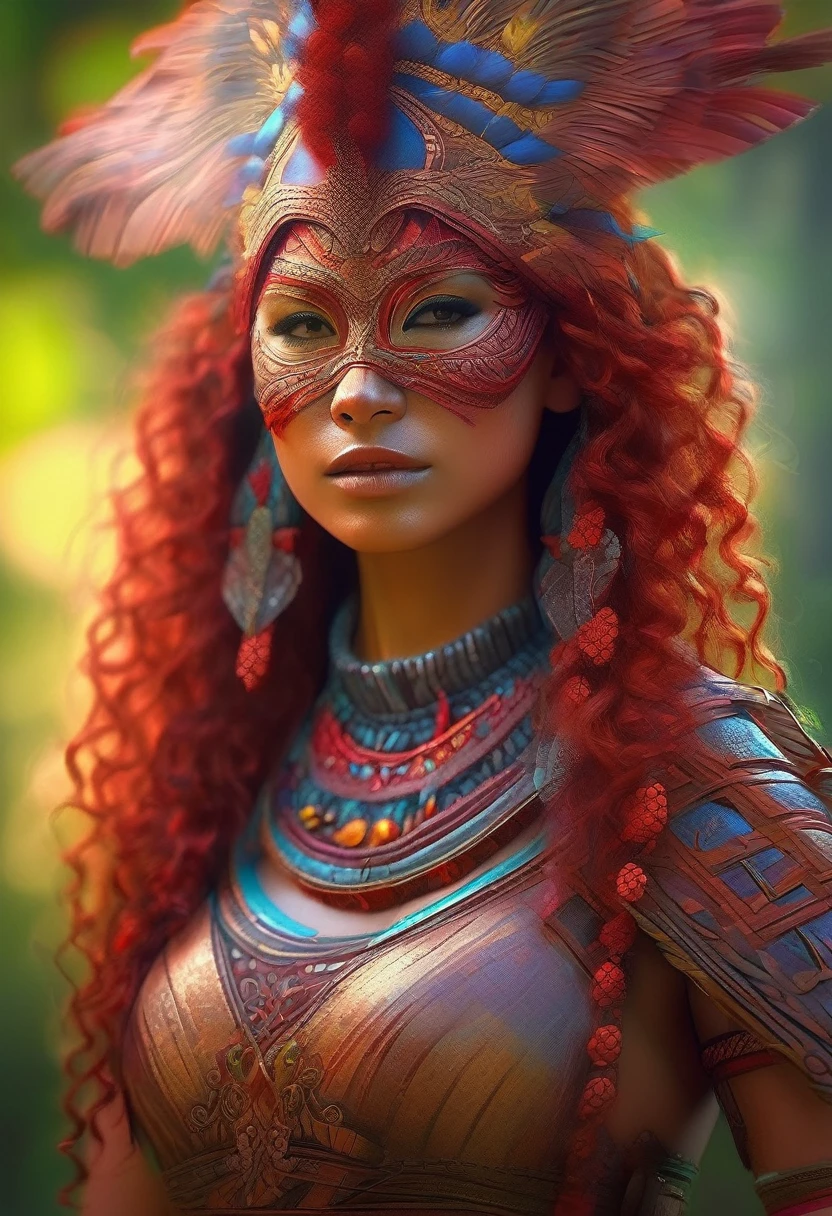 girl shaman, wearing wooden mask,very detailed portrait, standing in s-shape pose, red curly hair,sexy revealing outfit,best quality,4k,8k,highres,masterpiece,ultra-detailed,realistic,photorealistic,photo-realistic,HDR,UHD,studio lighting,ultra-fine painting,sharp focus,physically-based rendering,extreme detail description,professional,vivid colors,bokeh,concept art